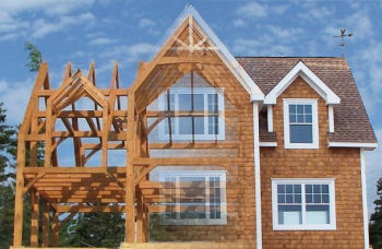 Post and beam house Timber frame blending into shingled house